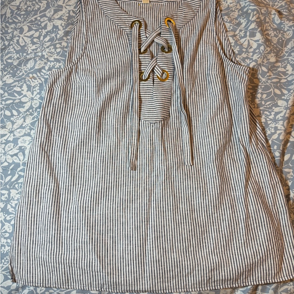 Michael Kors Blue and White Striped Lace-Up Blouse